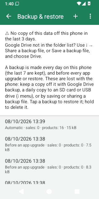 The Backup and restore screen