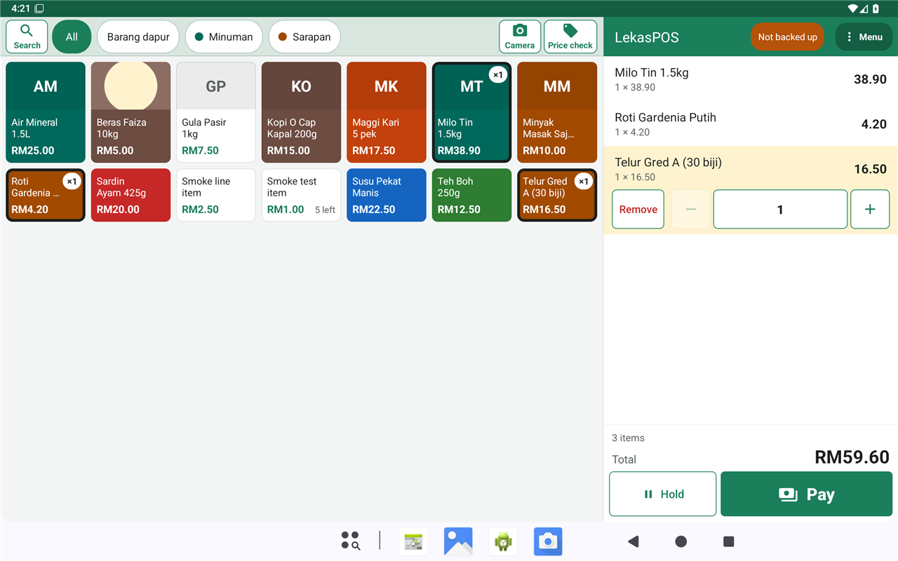 The selling screen on a tablet